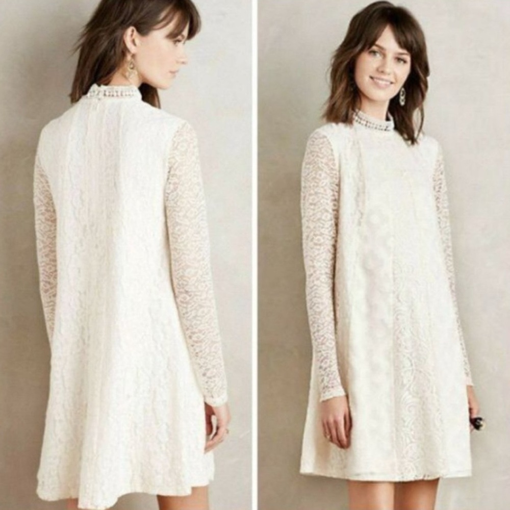 New Anthropologie HD in Paris Enid Cream Lace Long Sleeve swing Dress